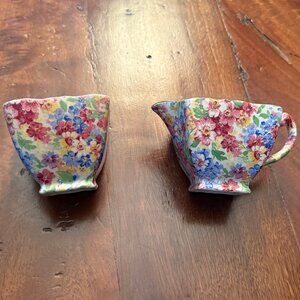 Vintage James Kent Apple Blossom Chintz China Sugar & Creamer Set